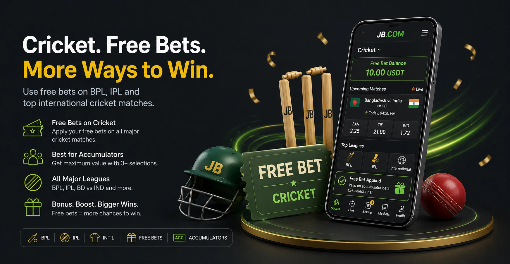 JB.COM cricket free bets for Bangladesh with IPL offers and accumulator bonuses