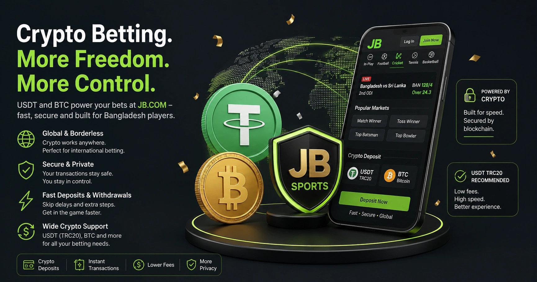 JB.COM crypto betting banner for Bangladesh with USDT and Bitcoin sportsbook