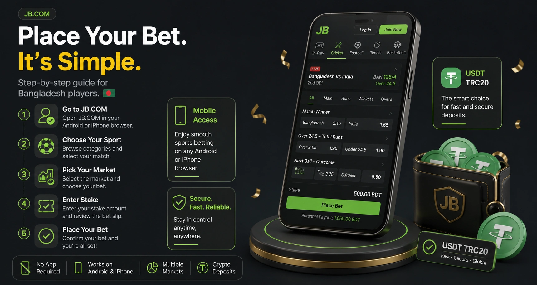 JB.COM mobile sportsbook guide for Bangladesh with cricket bets and USDT TRC20