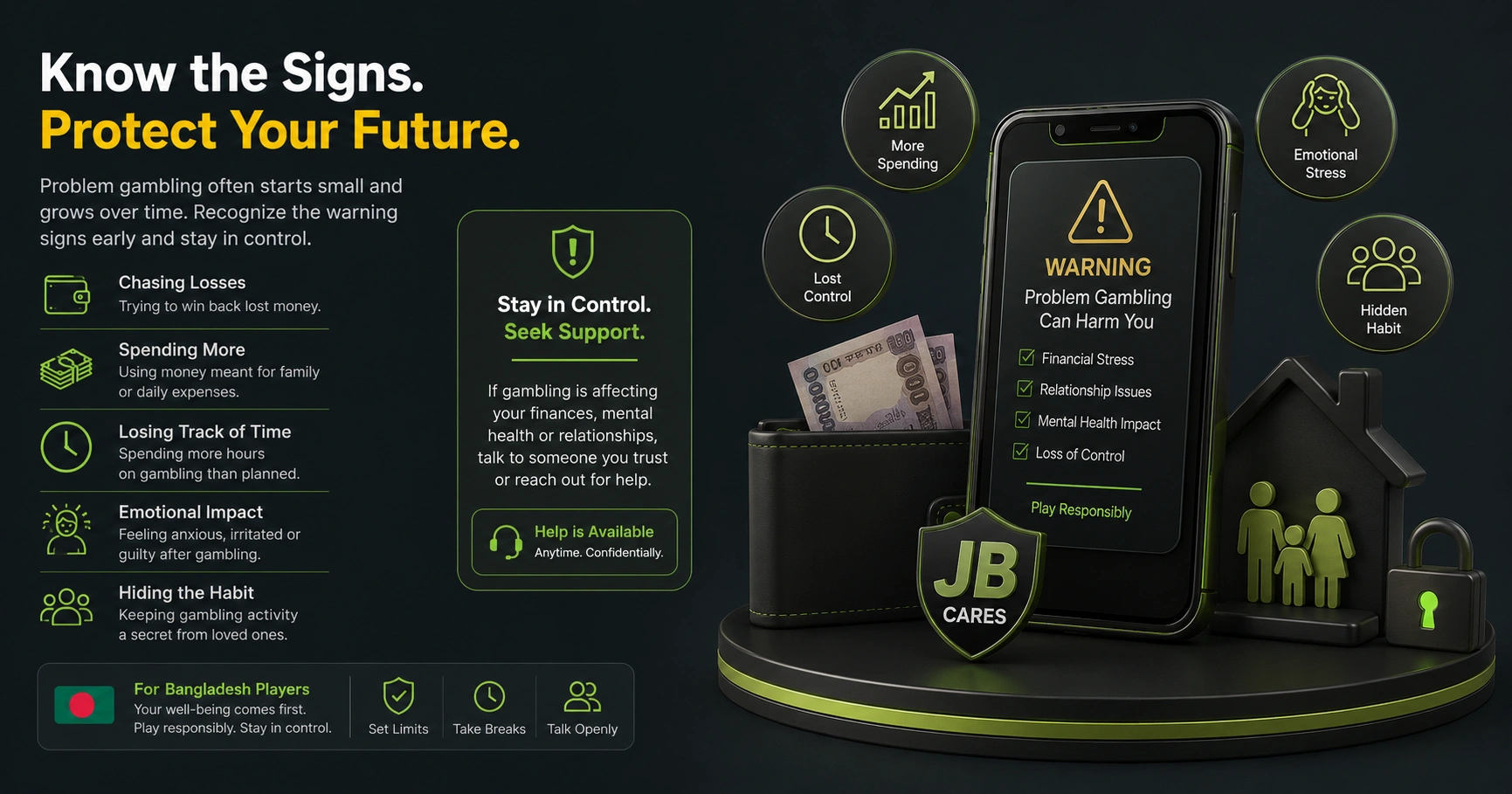 JB.COM responsible gambling banner for Bangladesh with support guidance