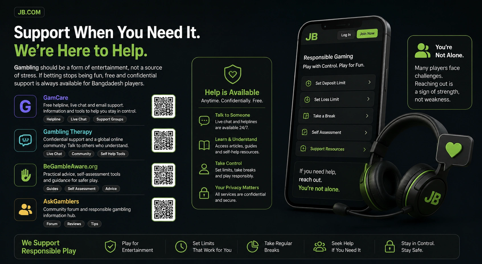 JB.COM responsible gambling banner for Bangladesh with support resources