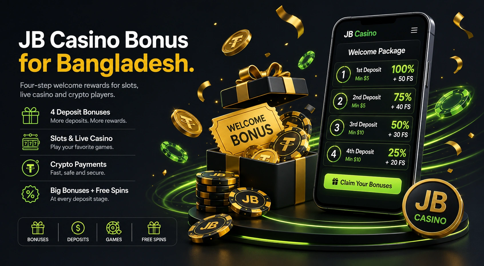 JB.COM welcome bonus for Bangladesh with free spins and deposit rewards